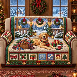 Golden Christmas Quilted Sofa Cover