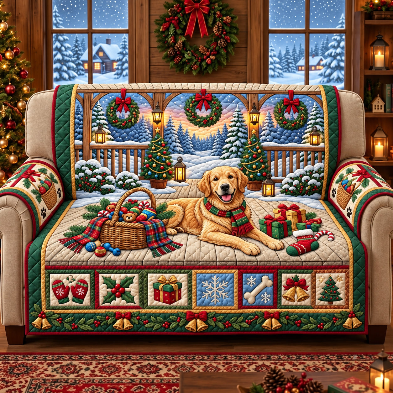 Golden Christmas Quilted Sofa Cover