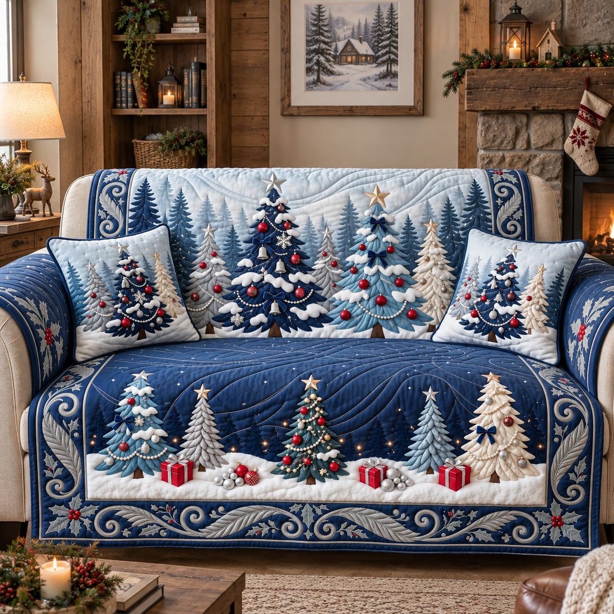 Midnight Snowy Trees Quilted Sofa Cover