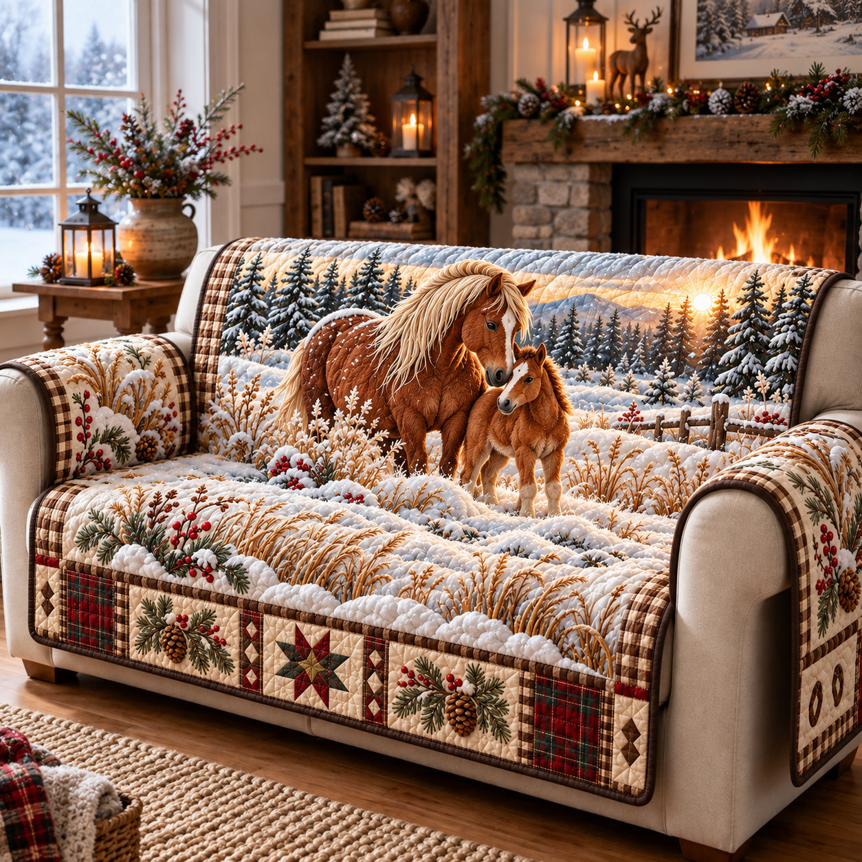 Snowy Horse Quilted Sofa Cover