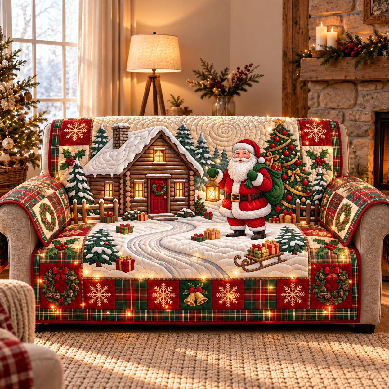 Merry Santa Lodge Quilted Sofa Cover