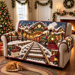 North Pole Christmas Train Quilted Sofa Cover