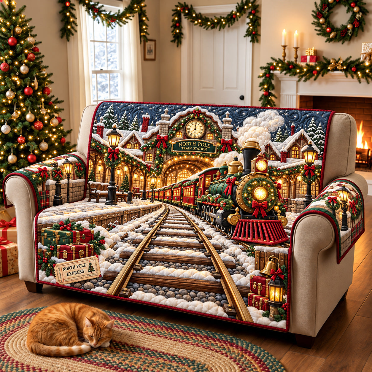 North Pole Christmas Train Quilted Sofa Cover