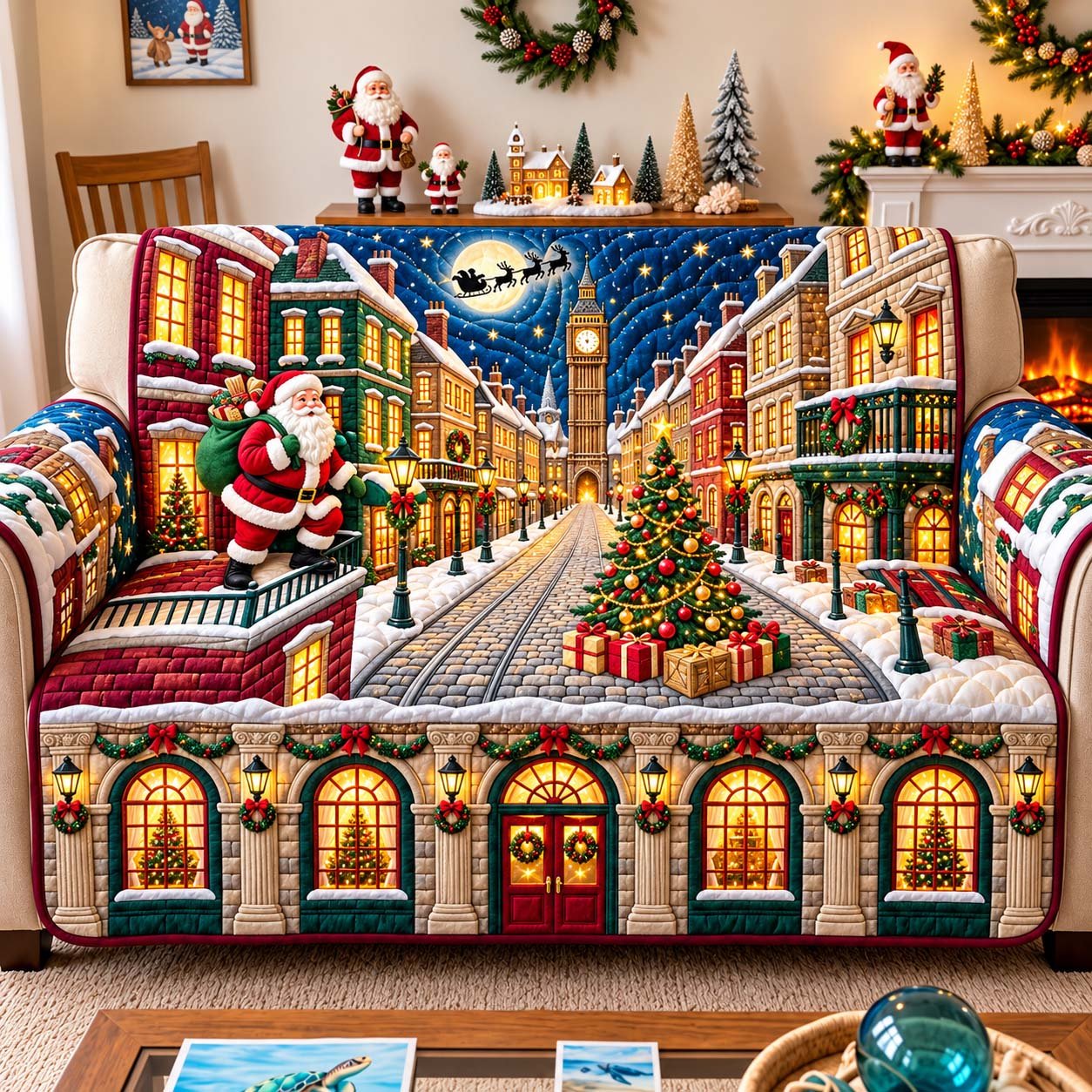 Santa London Christmas Quilted Sofa Cover