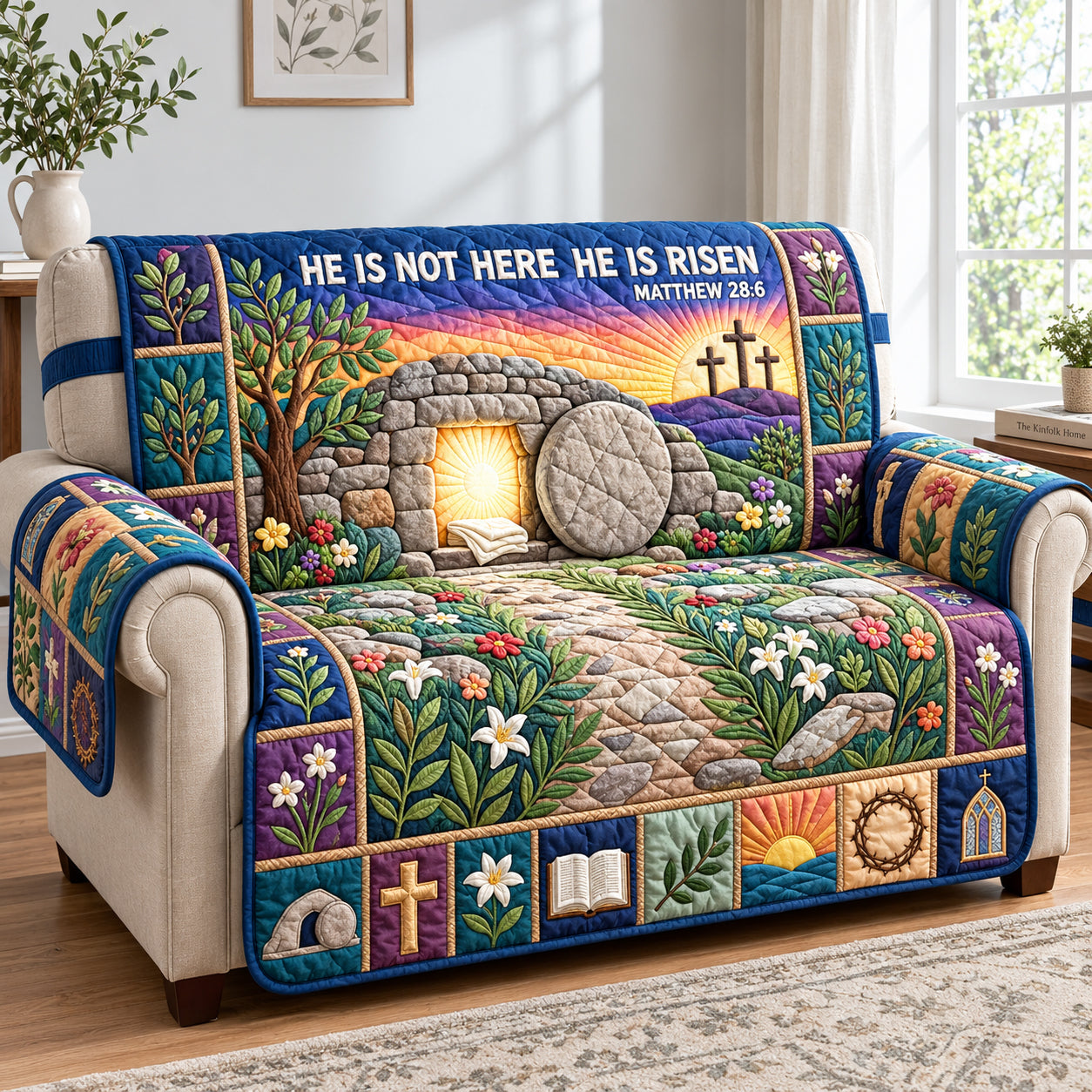 He Is Risen Quilted Sofa Cover