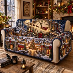 Christmas Clock Village Quilted Sofa Cover