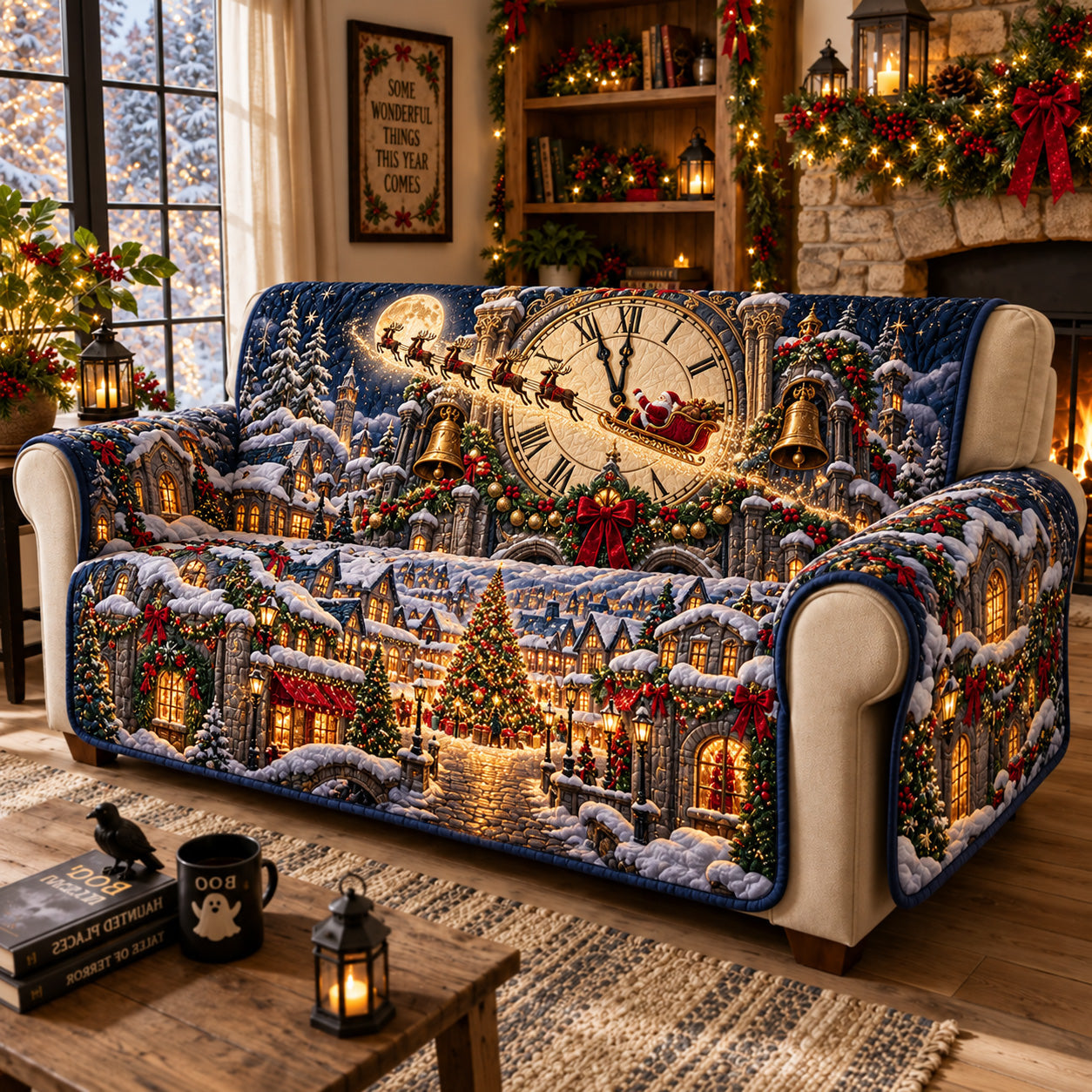 Christmas Clock Village Quilted Sofa Cover