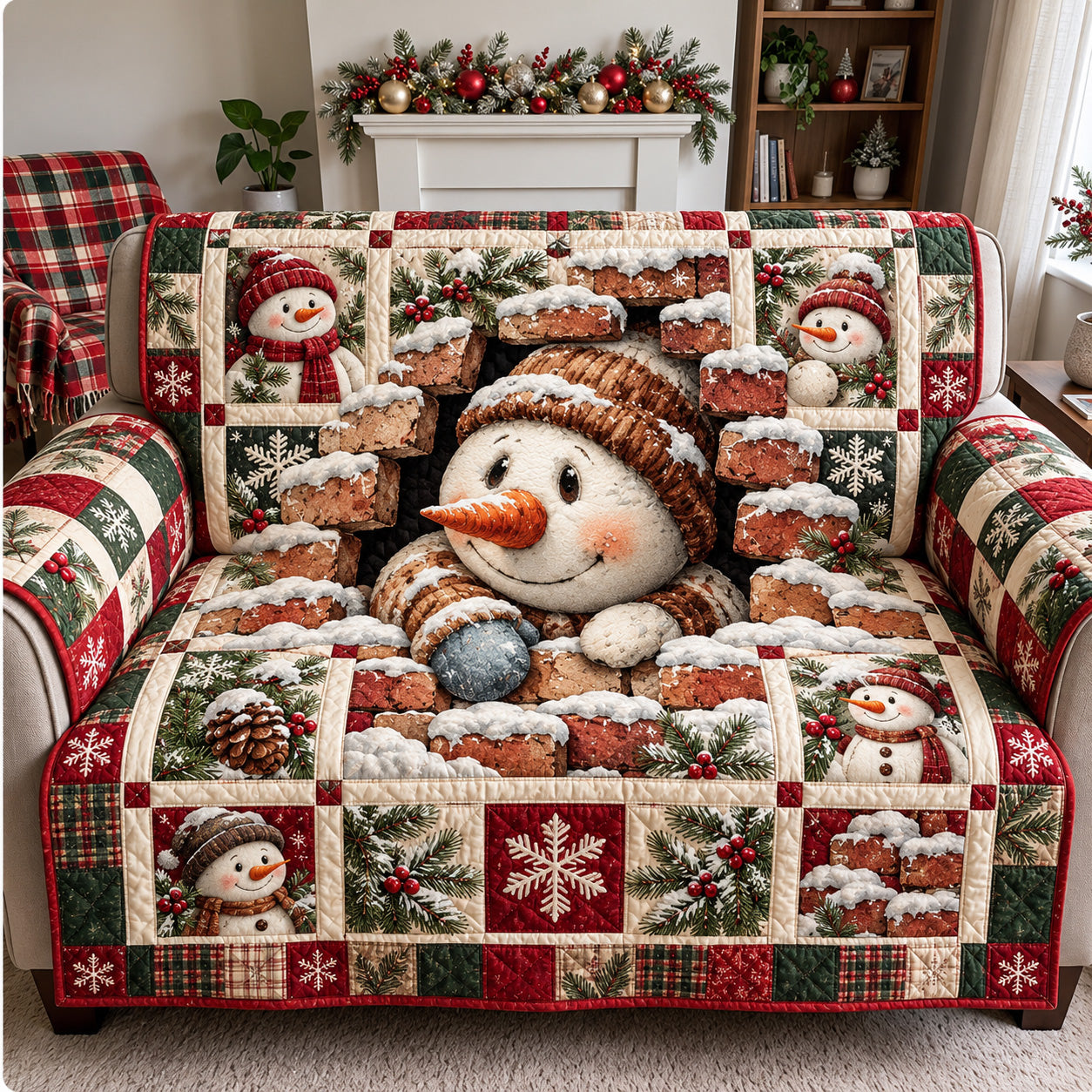 Snowman Chimney Surprise Quilted Sofa Cover