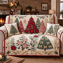 Poinsettia Holiday Trees Quilted Sofa Cover