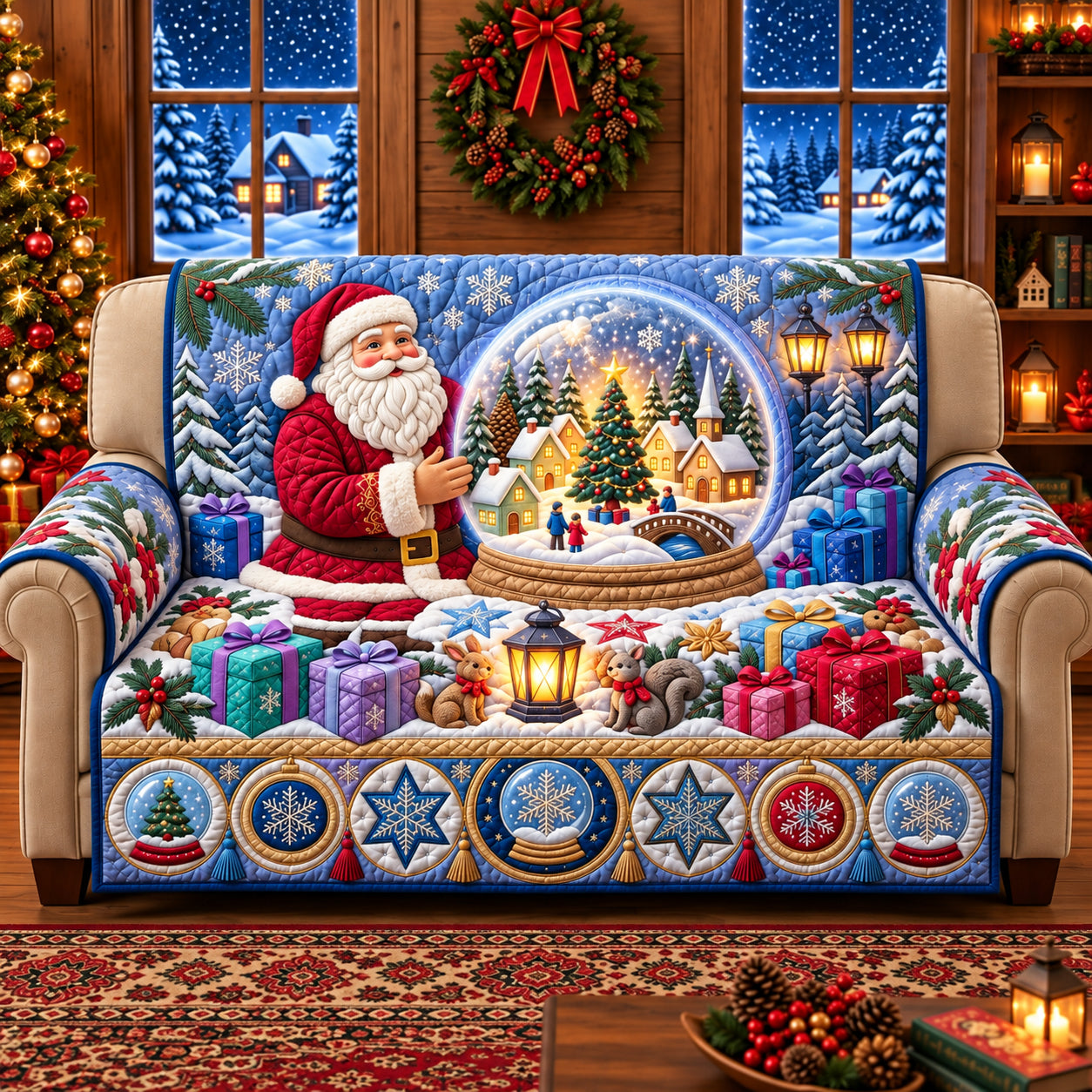 Santa Snow Globe Quilted Sofa Cover