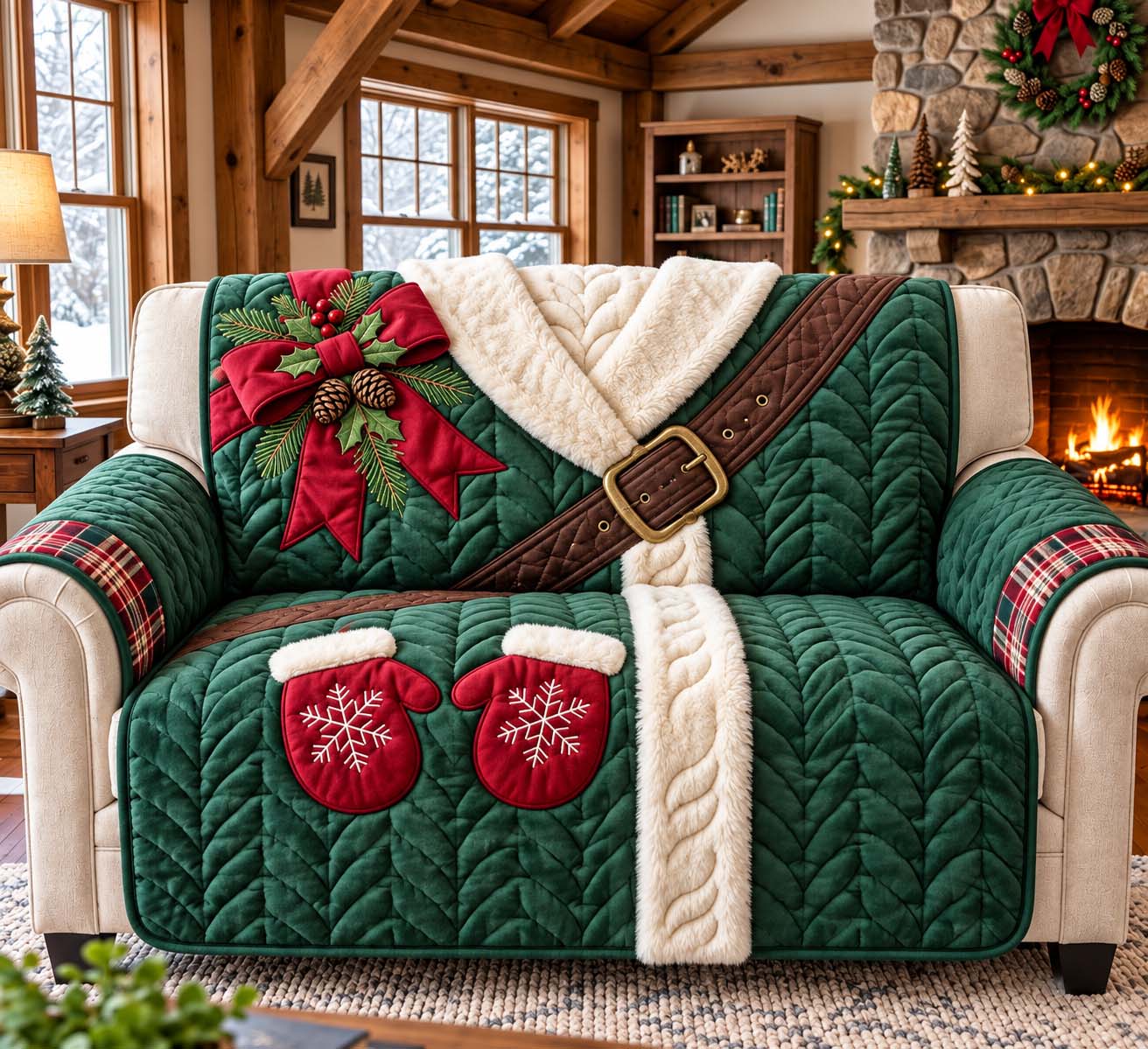 Evergreen Santa Coat Quilted Sofa Cover