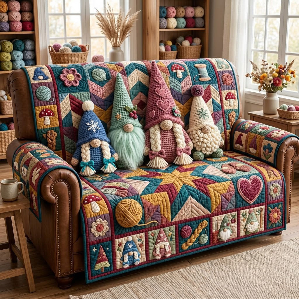 Christmas Gnome Crochet Quilted Sofa Cover