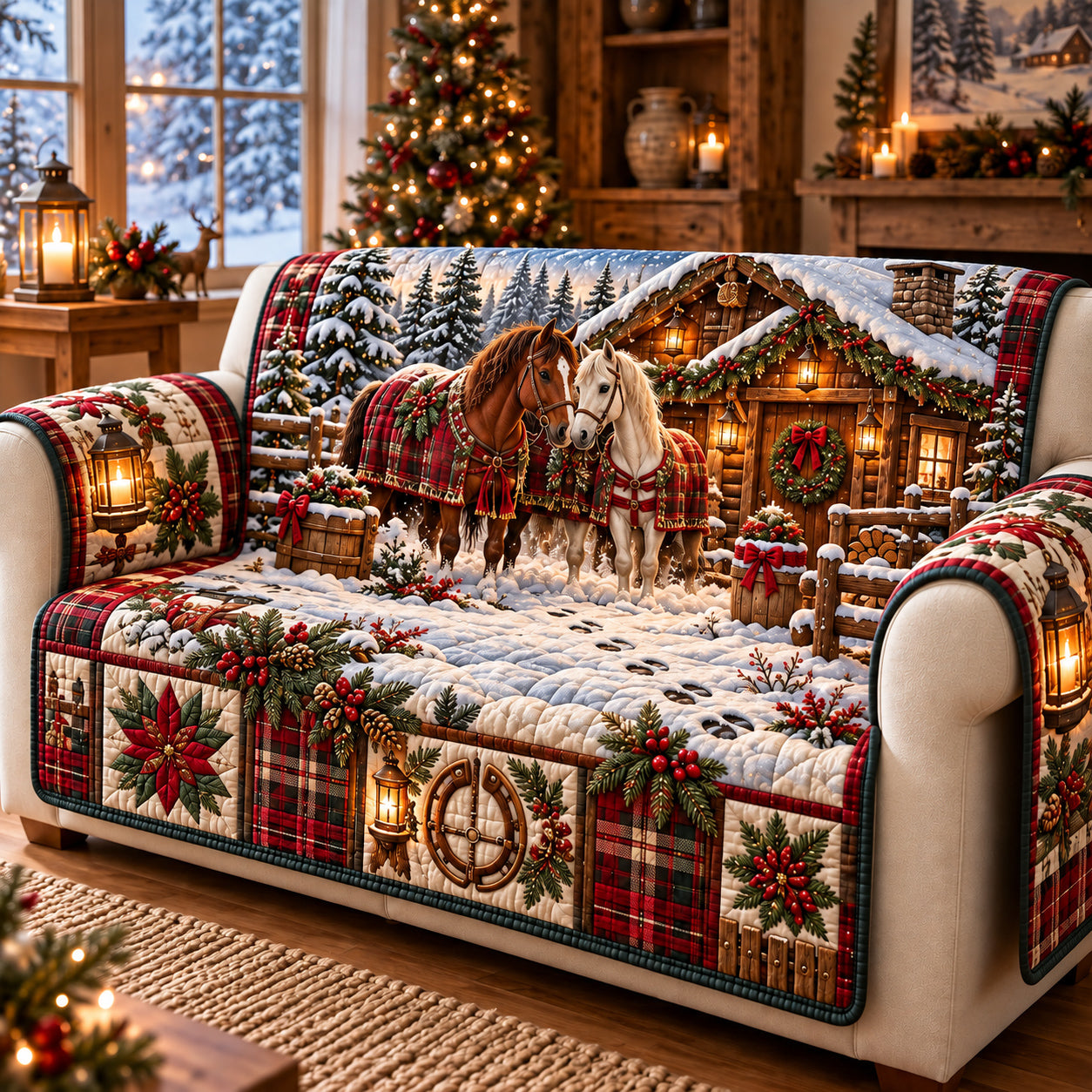Christmas Horse Quilted Sofa Cover
