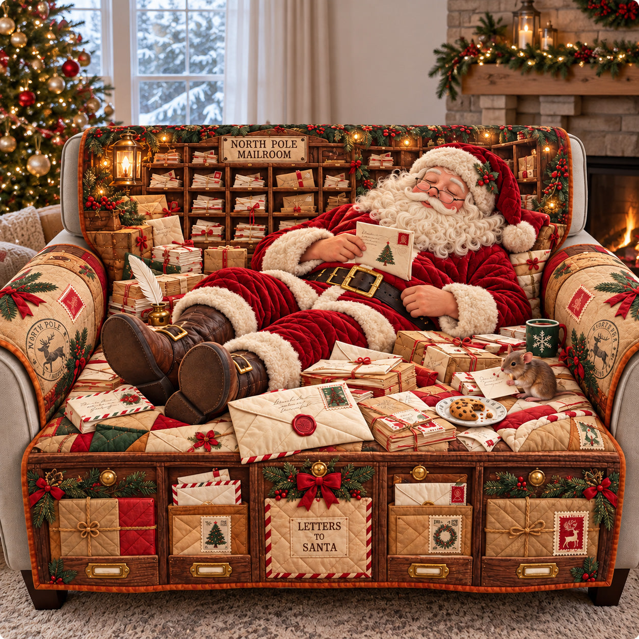 Santa North Pole Mailroom Quilted Sofa Cover