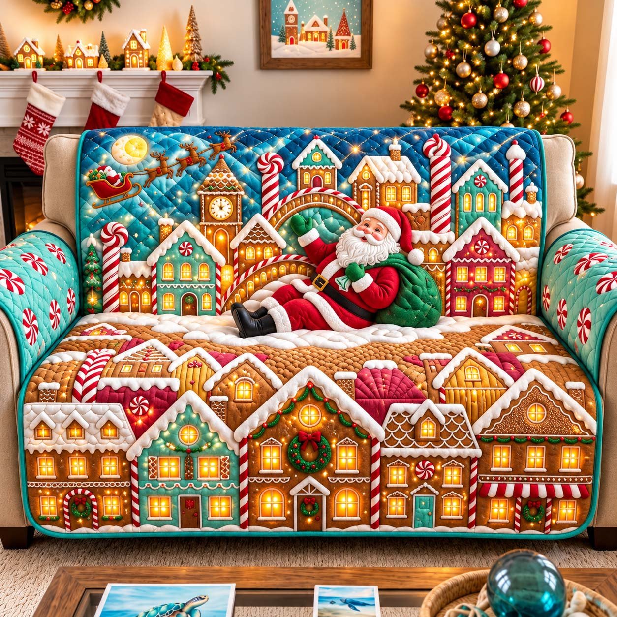 Candy Cane Village Quilted Sofa Cover