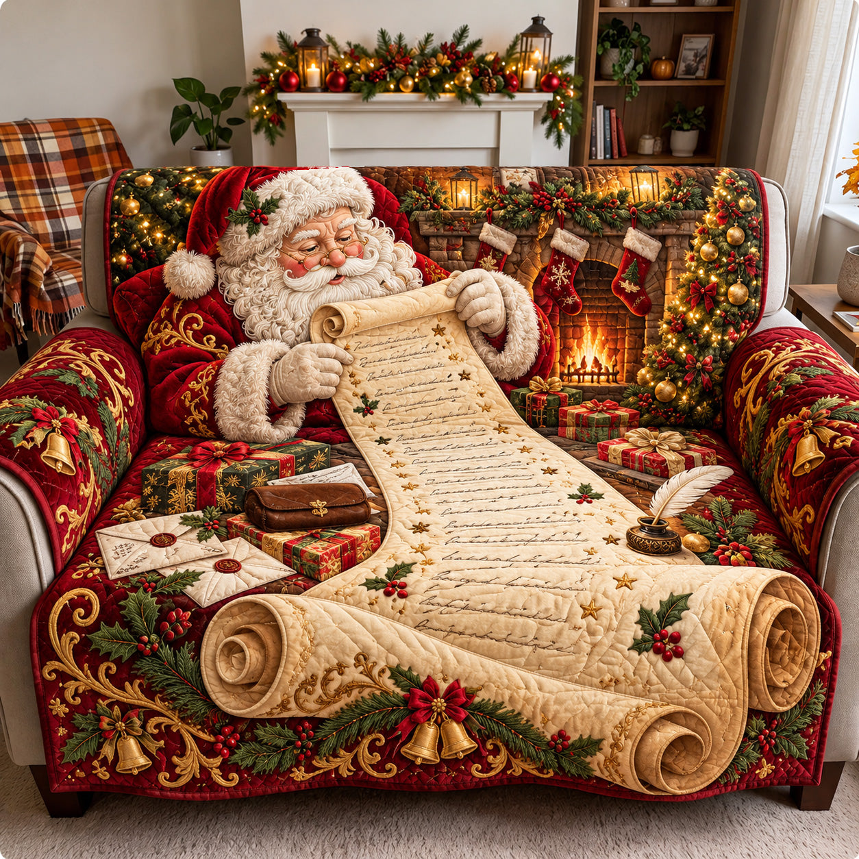 Santa Christmas Wish List Quilted Sofa Cover