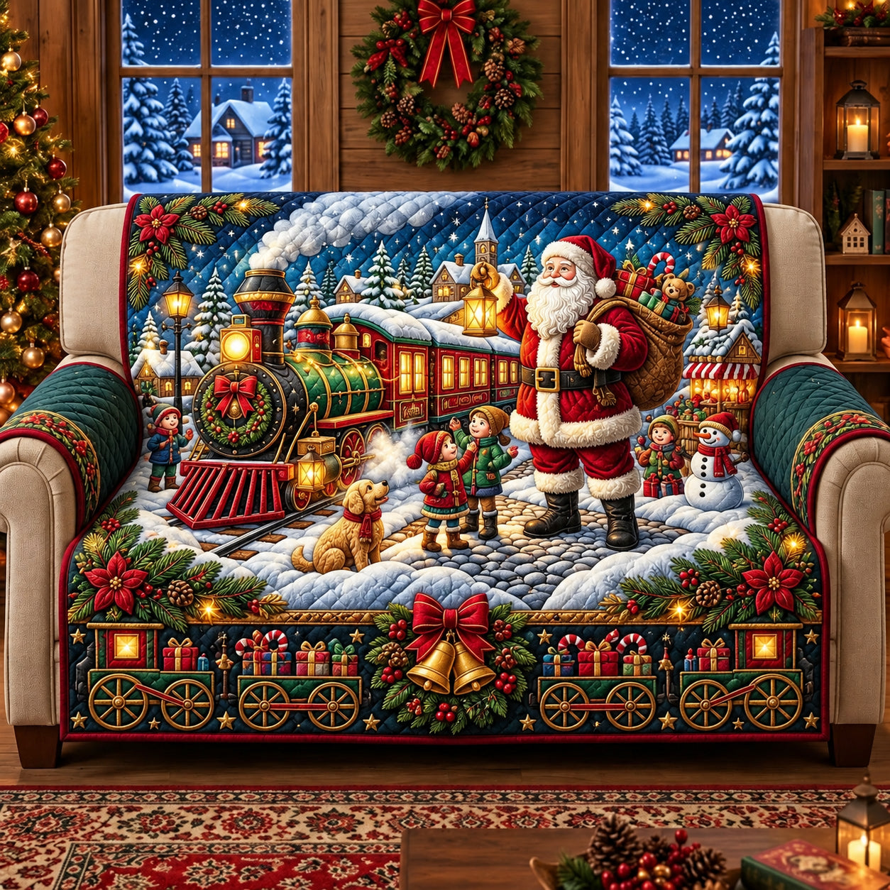 Magical Christmas Train Quilted Sofa Cover