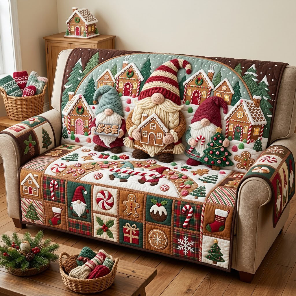 Gnome Christmas Bakery Quilted Sofa Cover