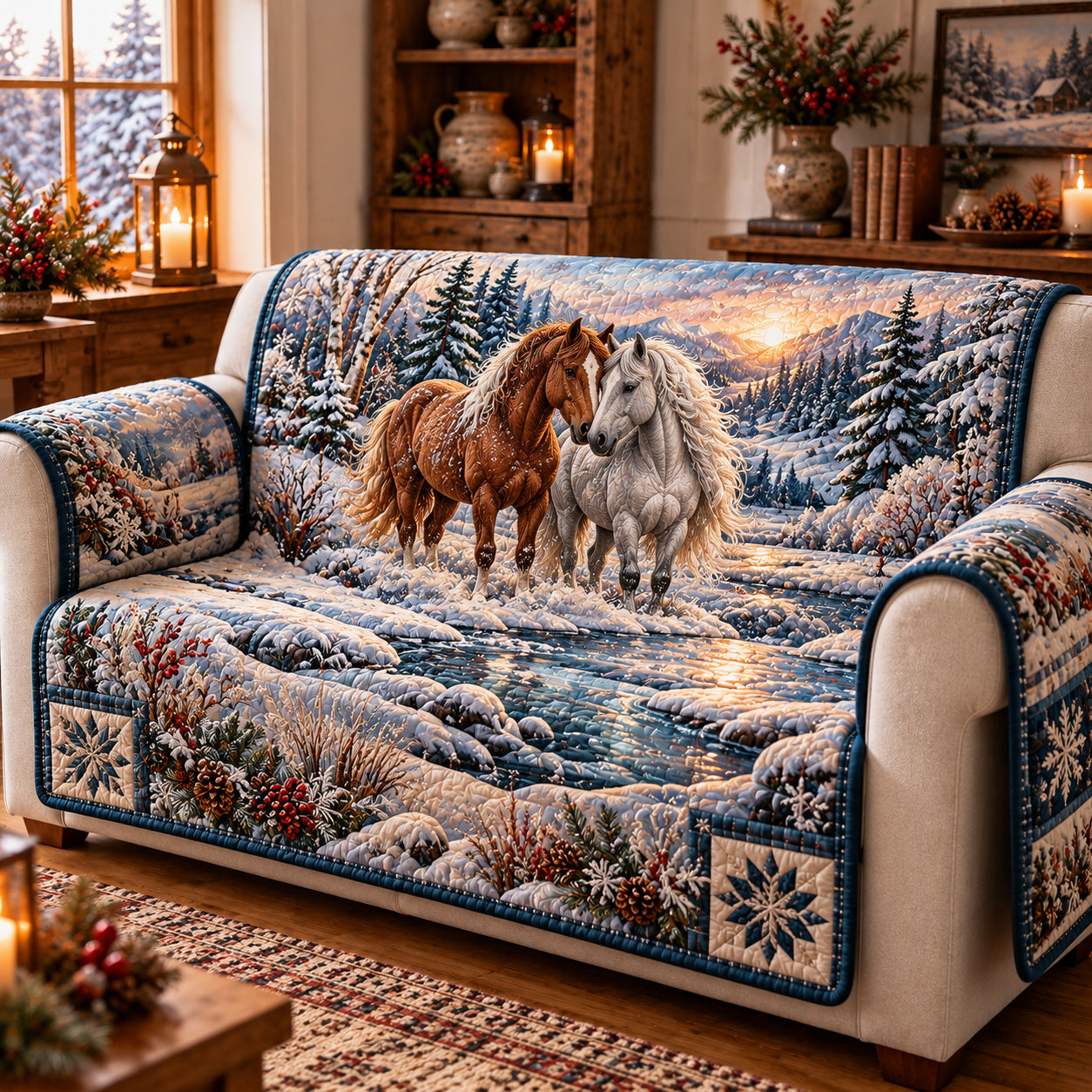 Moonlit Horse Quilted Sofa Cover