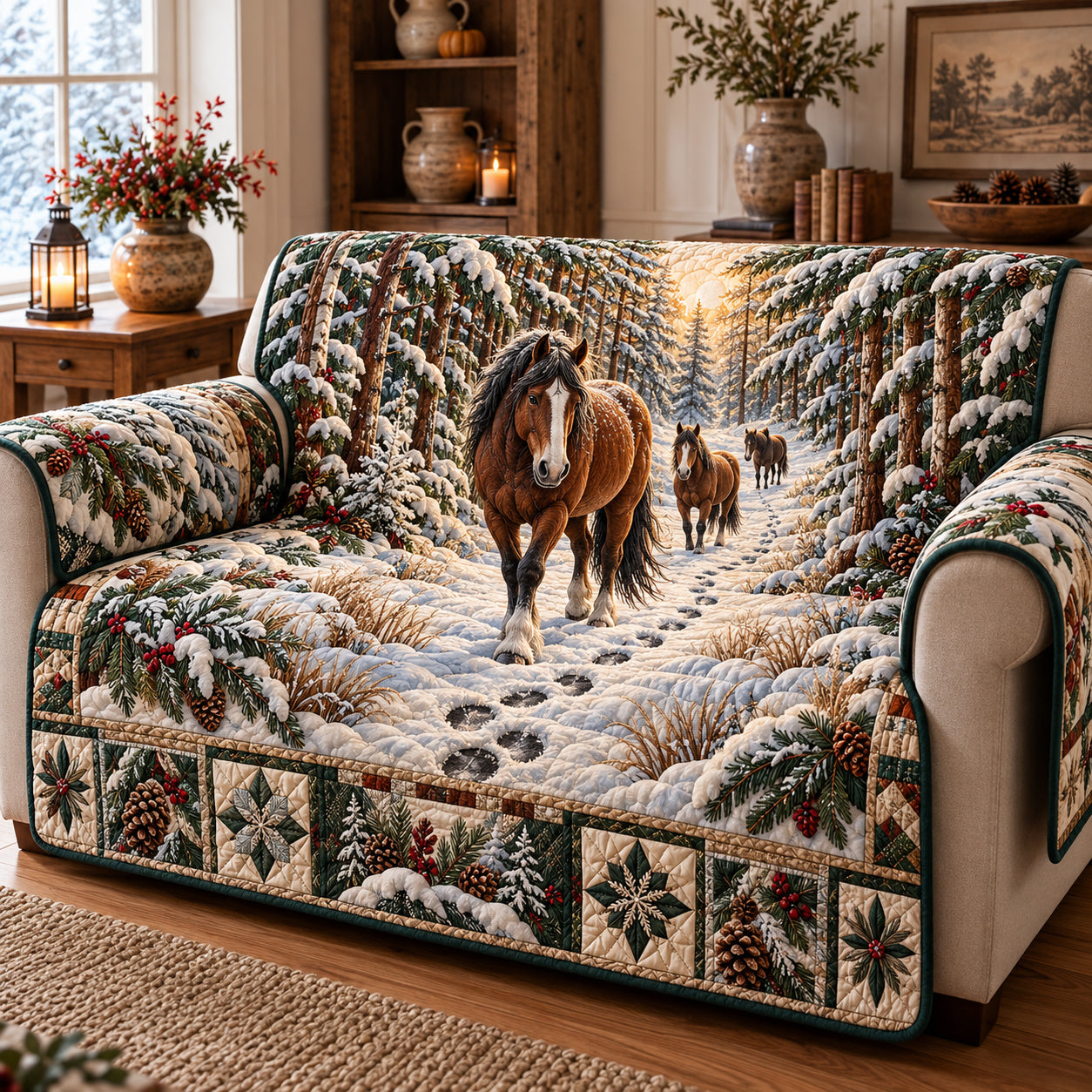 Forest Horse Quilted Sofa Cover