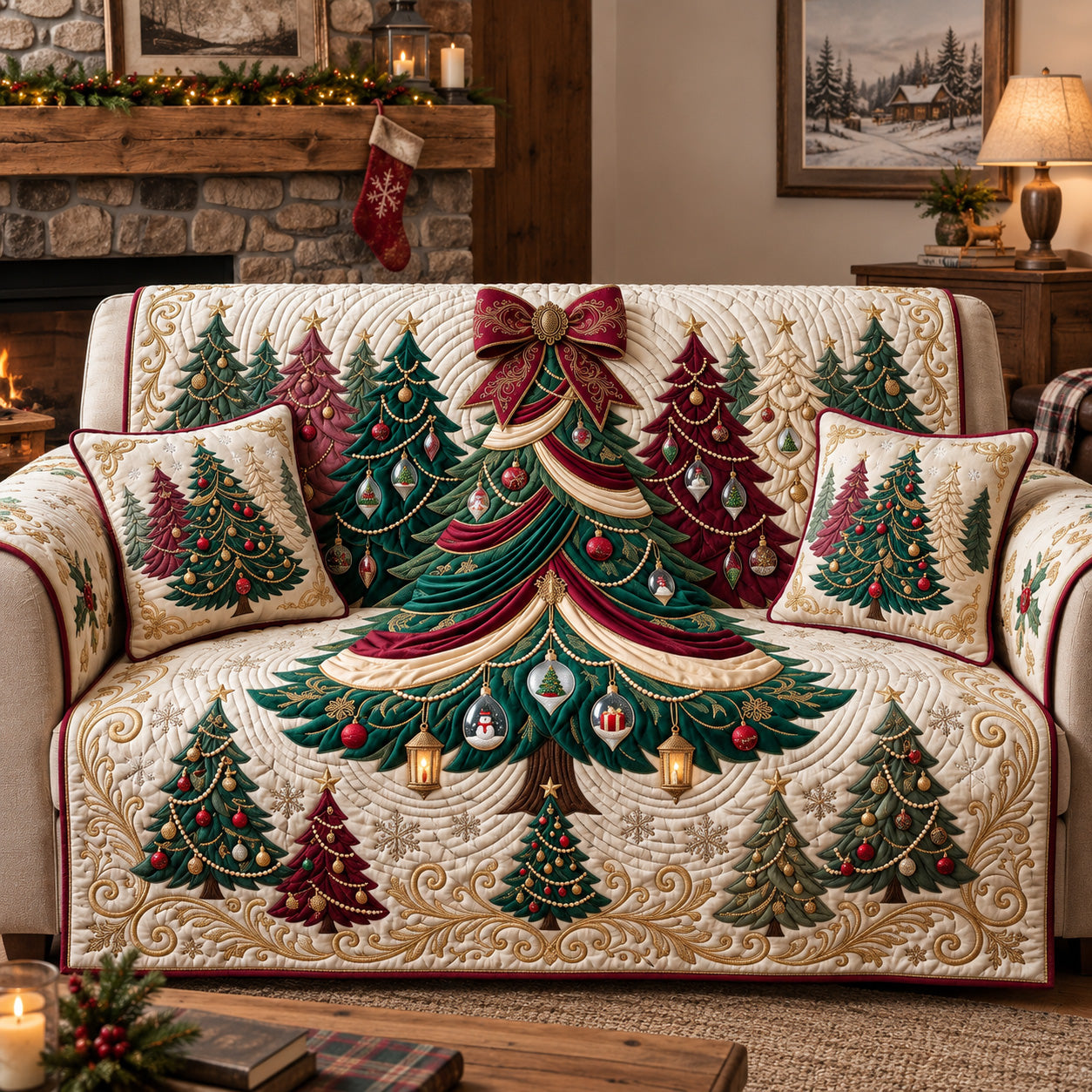 Classic Ornate Trees Quilted Sofa Cover