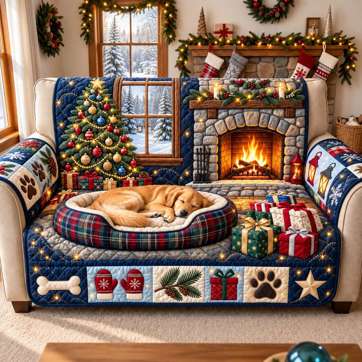 Golden Christmas Dreams Quilted Sofa Cover