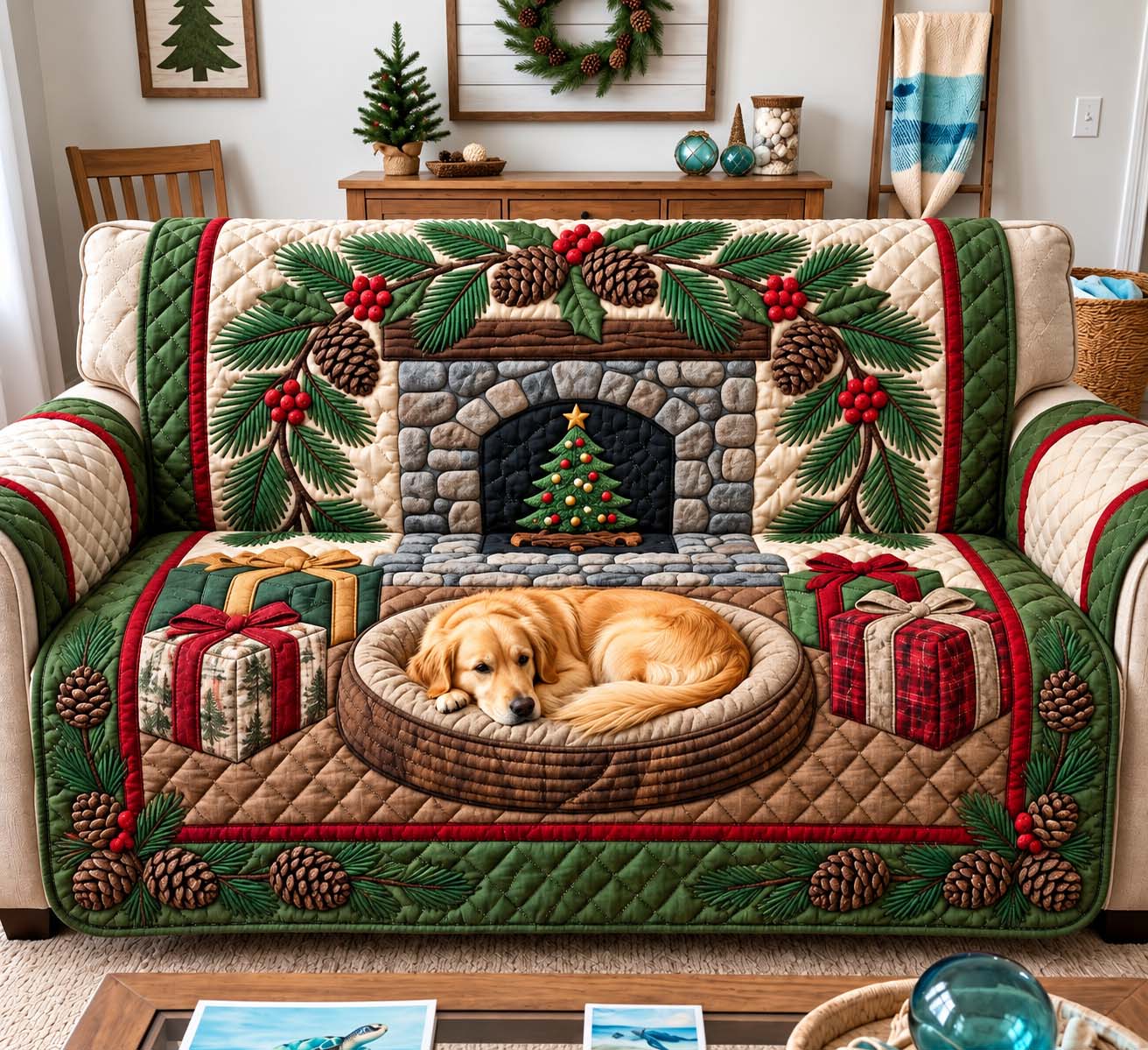 Golden Holiday Retreat Quilted Sofa Cover