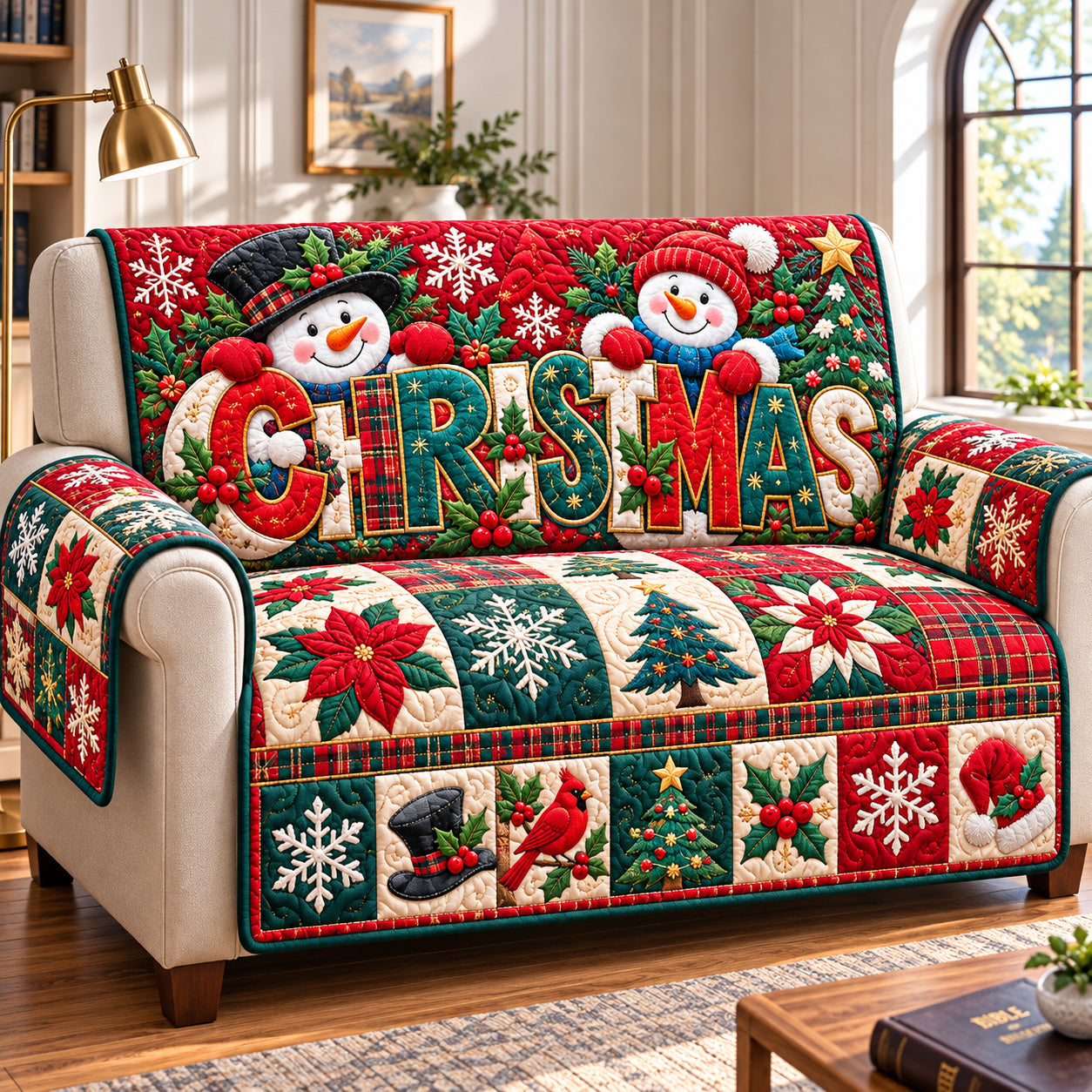 Snowman Winter Cheer Quilted Sofa Cover