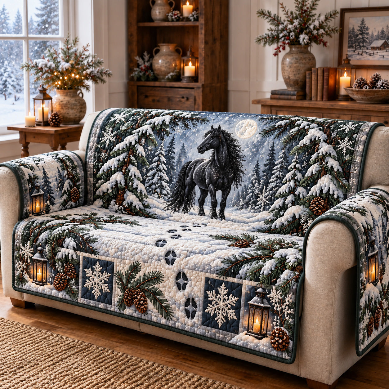Black Horse Quilted Sofa Cover