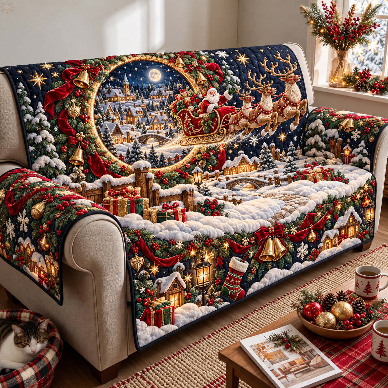 Santa Sleigh Christmas Village Quilted Sofa Cover
