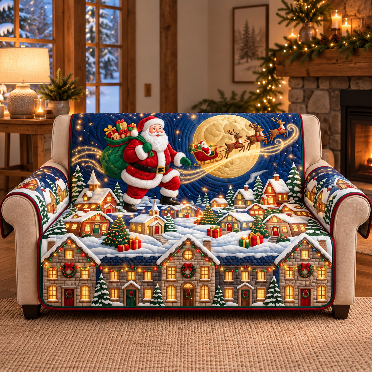 Santa Moonlight Flight Quilted Sofa Cover