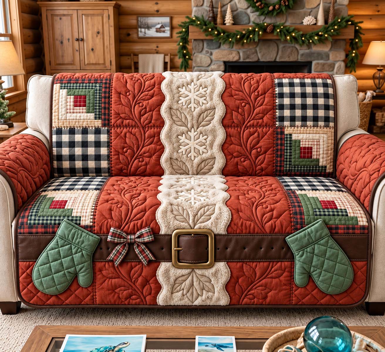 Rustic Patchwork Christmas Quilted Sofa Cover