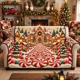 Gingerbread Christmas Village Quilted Sofa Cover