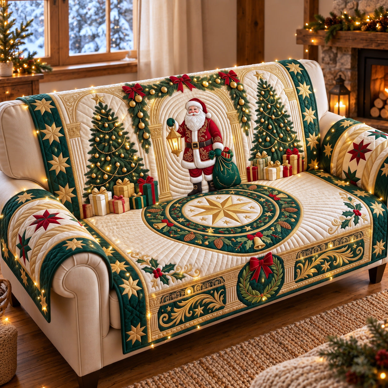 Santa Lantern Guide Quilted Sofa Cover