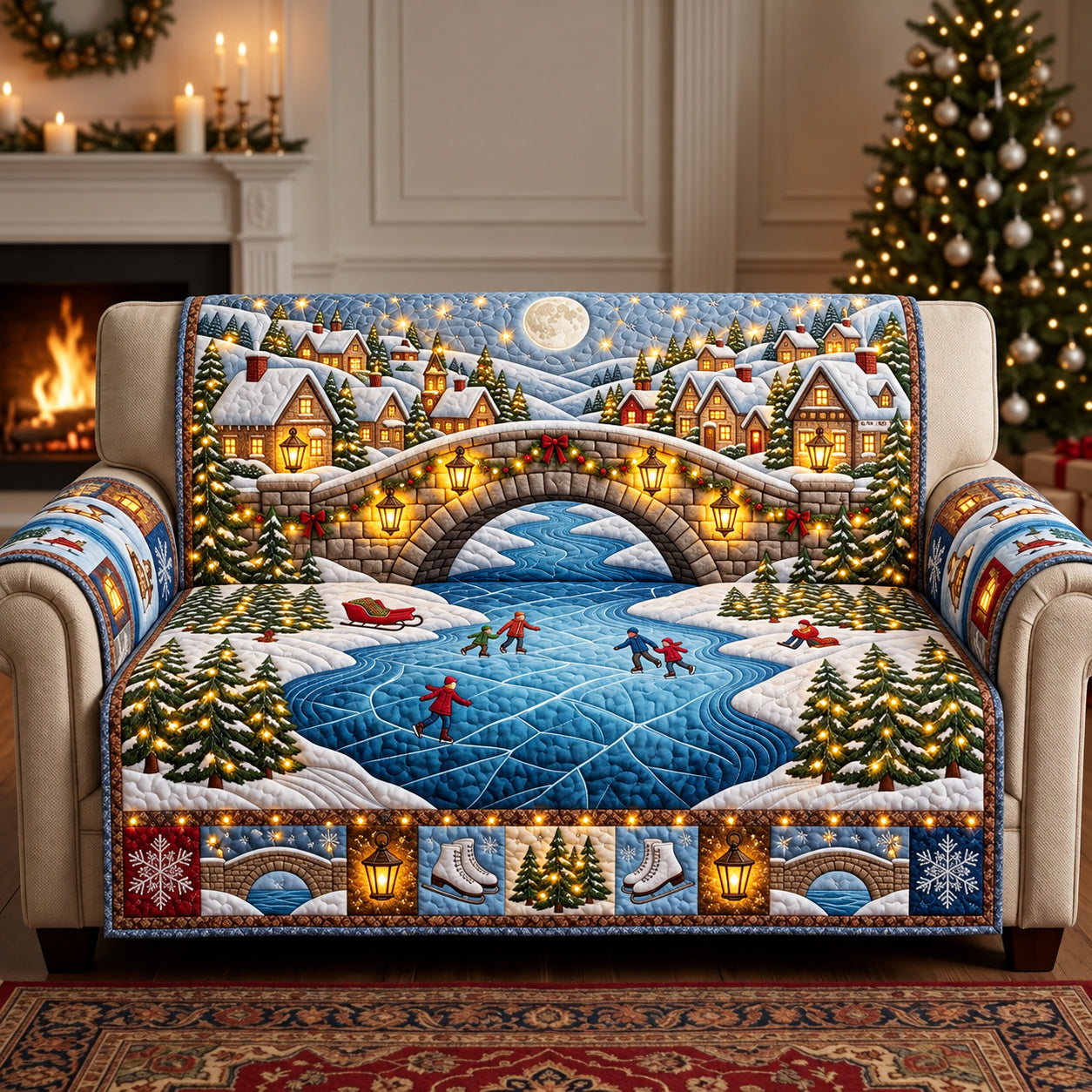 Frozen River Christmas Village Quilted Sofa Cover