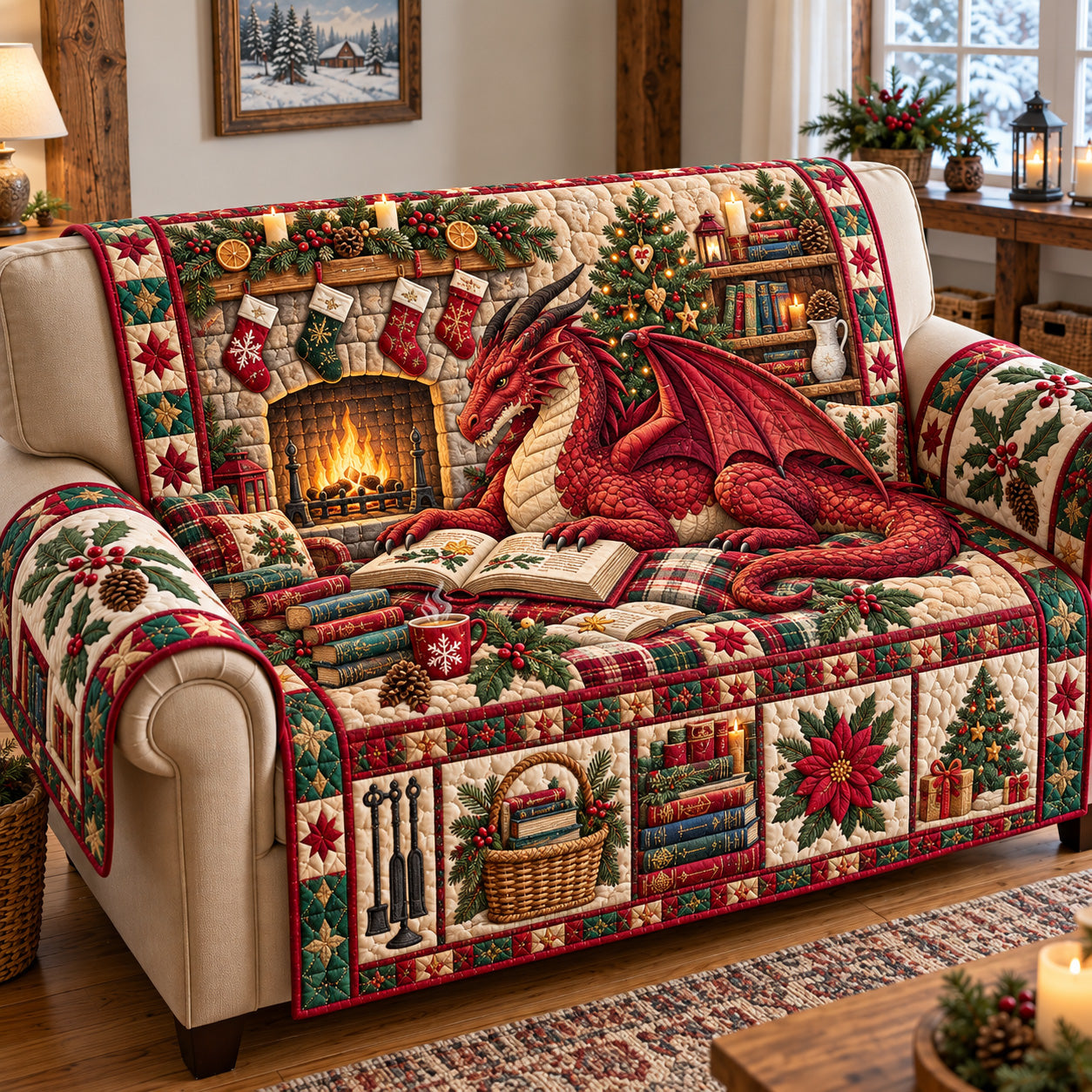 Festive Dragon Library Quilted Sofa Cover