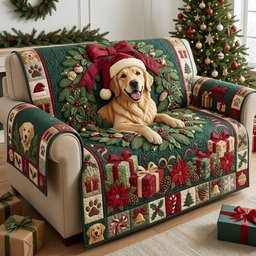 Golden Christmas Wreath Quilted Sofa Cover