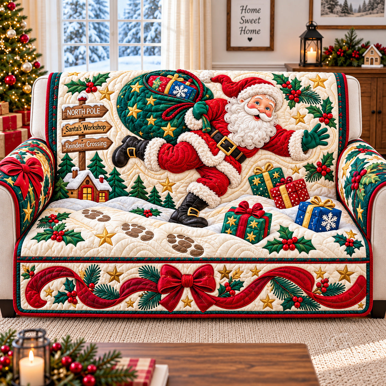 Santa Holiday Wishes Quilted Sofa Cover