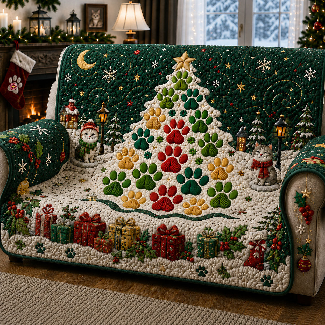 Paw Christmas Tree Quilted Sofa Cover