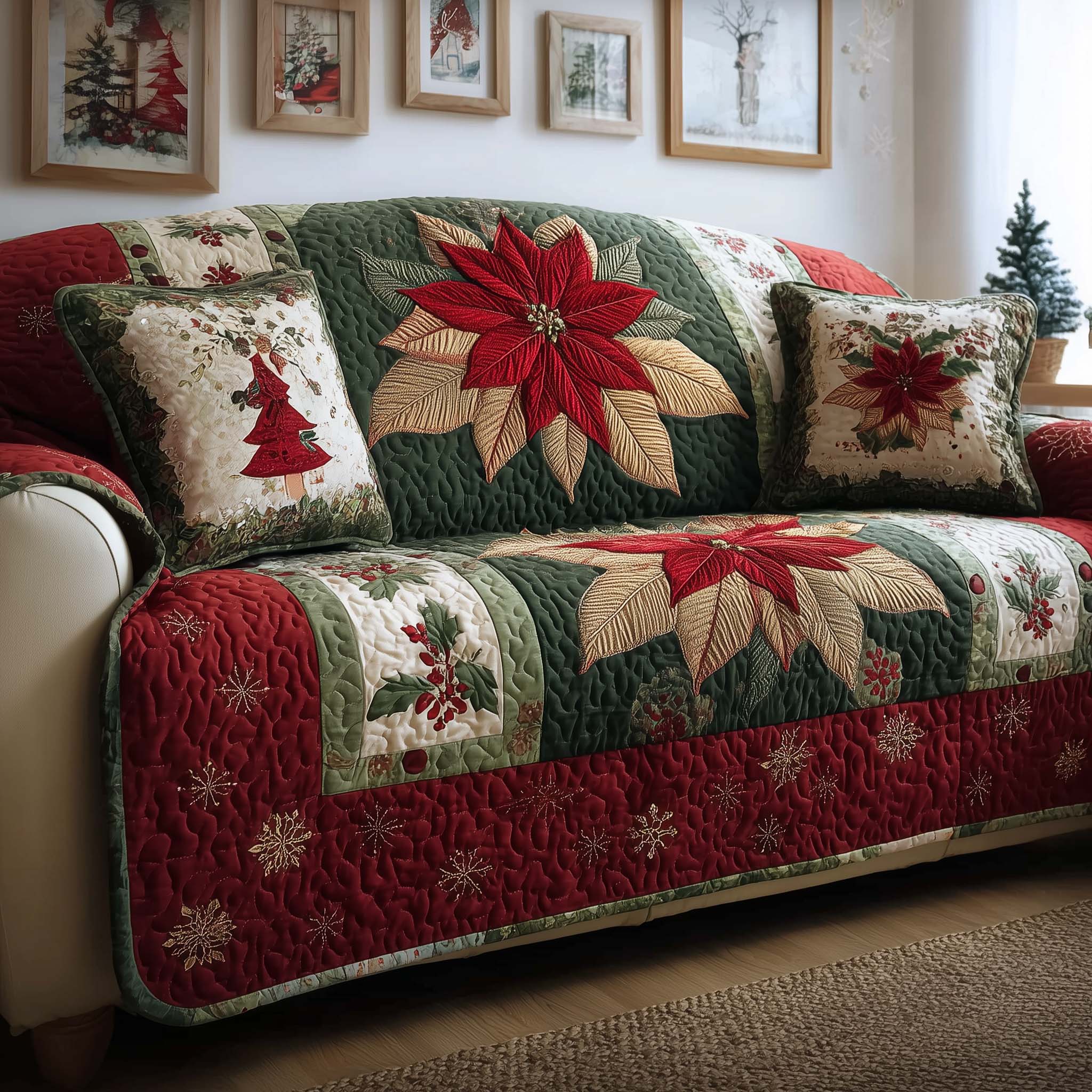 Poinsettia Bloom Quilted Sofa Cover