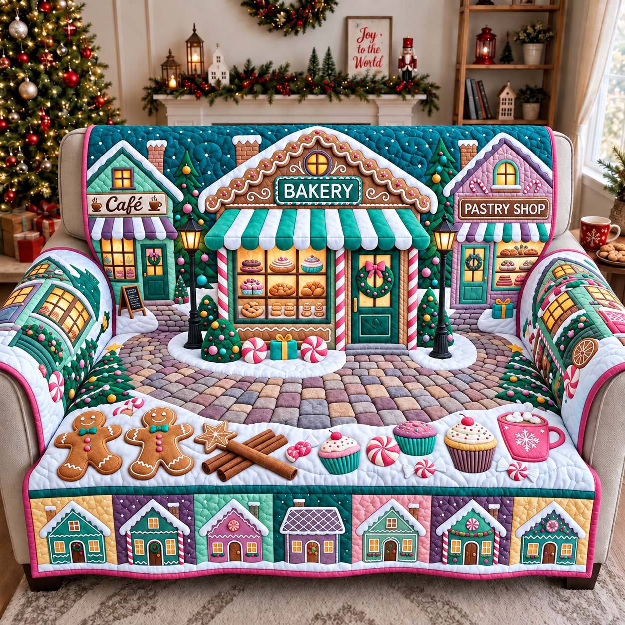 Christmas Bakery Street Quilted Sofa Cover