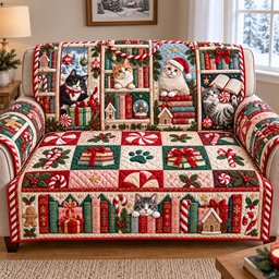 Christmas Cats Library Quilted Sofa Cover