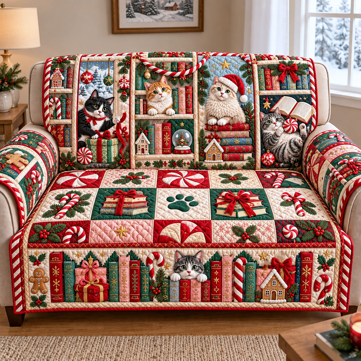Christmas Cats Library Quilted Sofa Cover
