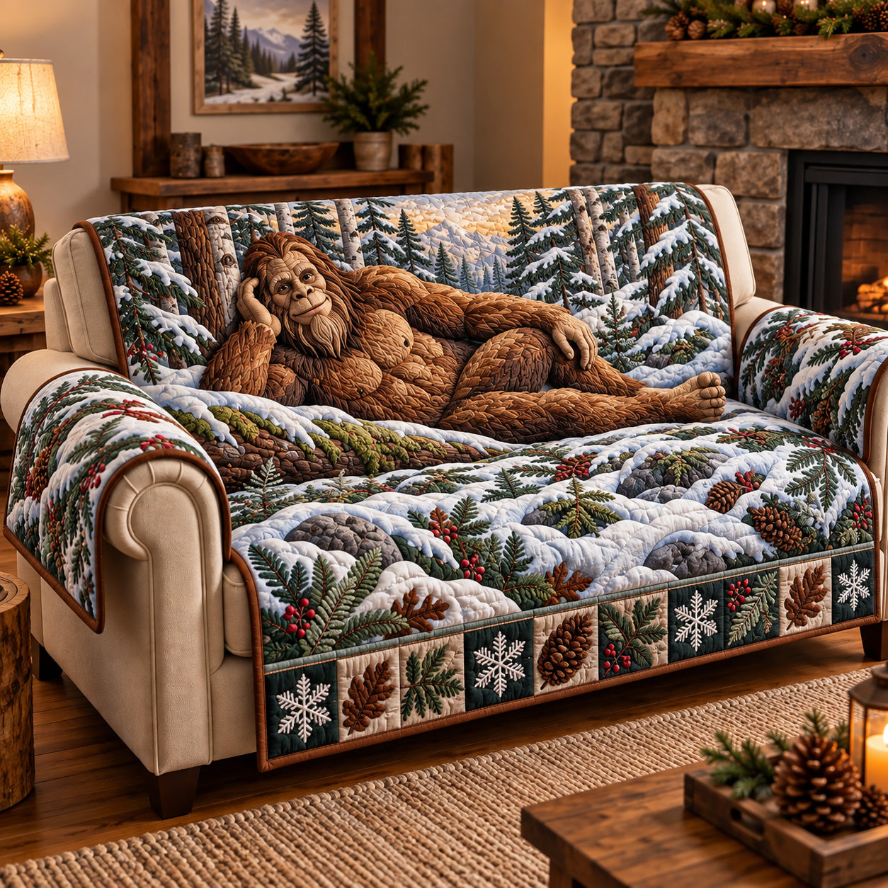 Resting Winter Bigfoot Quilted Sofa Cover