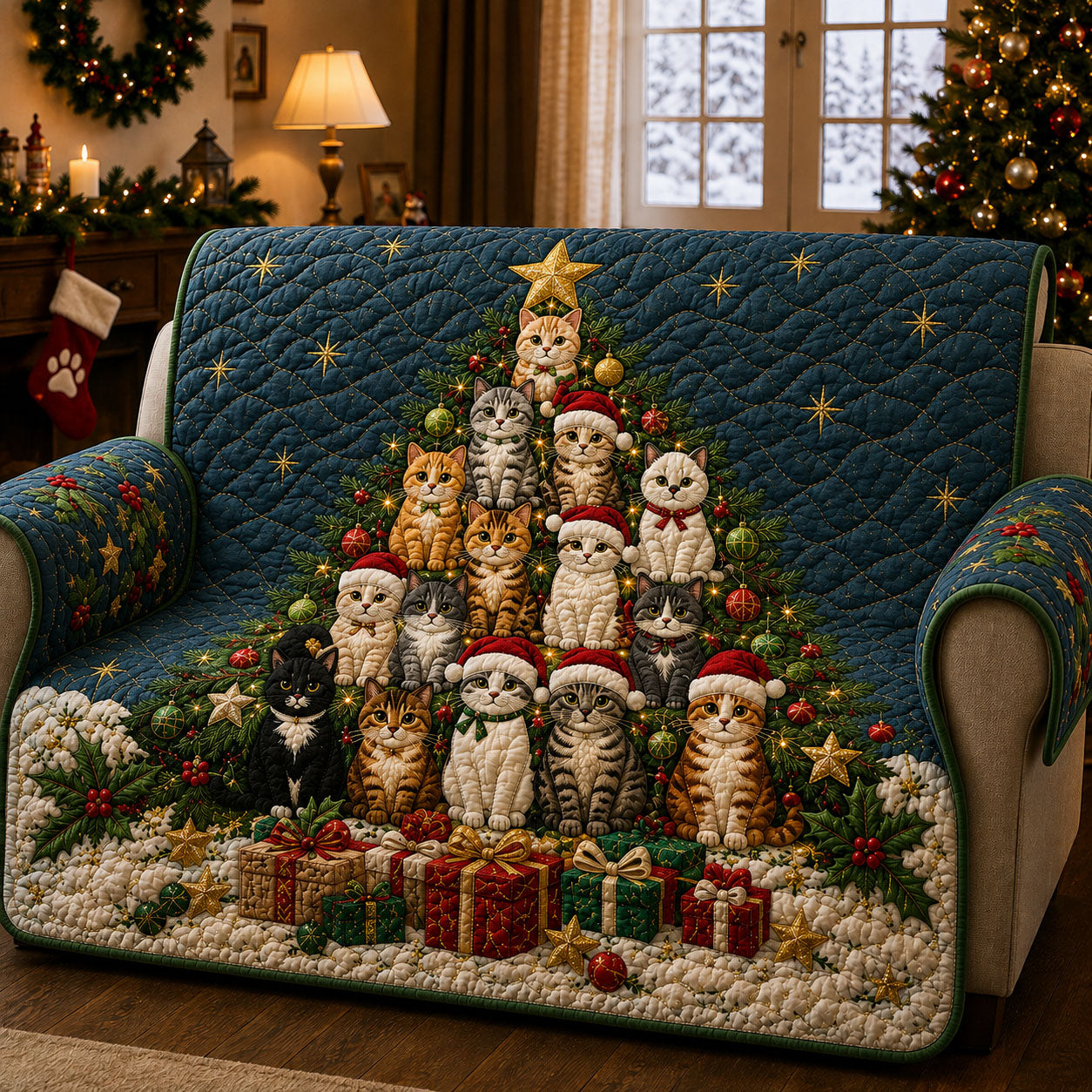 Cat Christmas Tree Quilted Sofa Cover