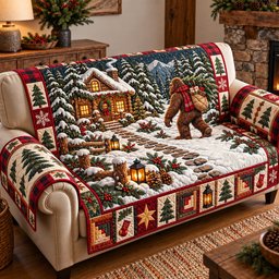 Festive Bigfoot Cabin Quilted Sofa Cover
