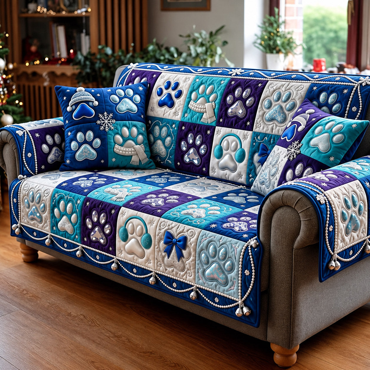 Blue Paw Quilted Sofa Cover