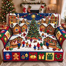 Christmas Market Village Quilted Sofa Cover