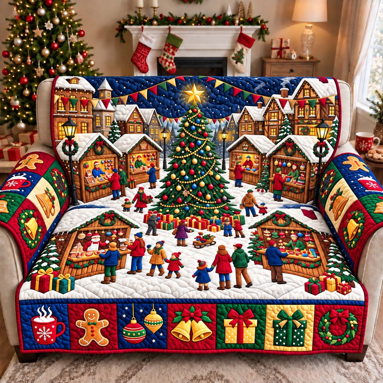 Christmas Market Village Quilted Sofa Cover