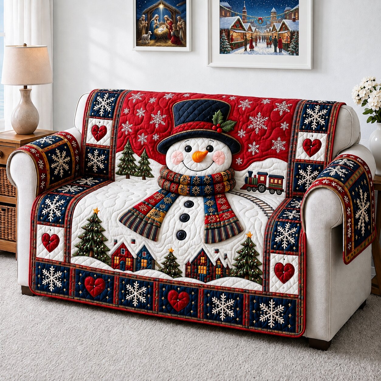 Snowman Holiday Wishes Quilted Sofa Cover